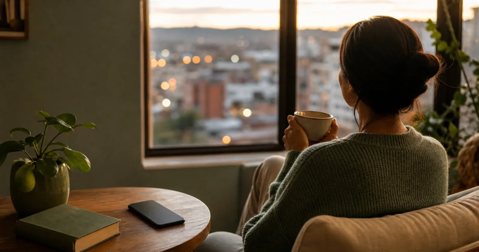 Persona haciendo una pausa frente a un teléfono puesto boca abajo junto a un libro y una taza