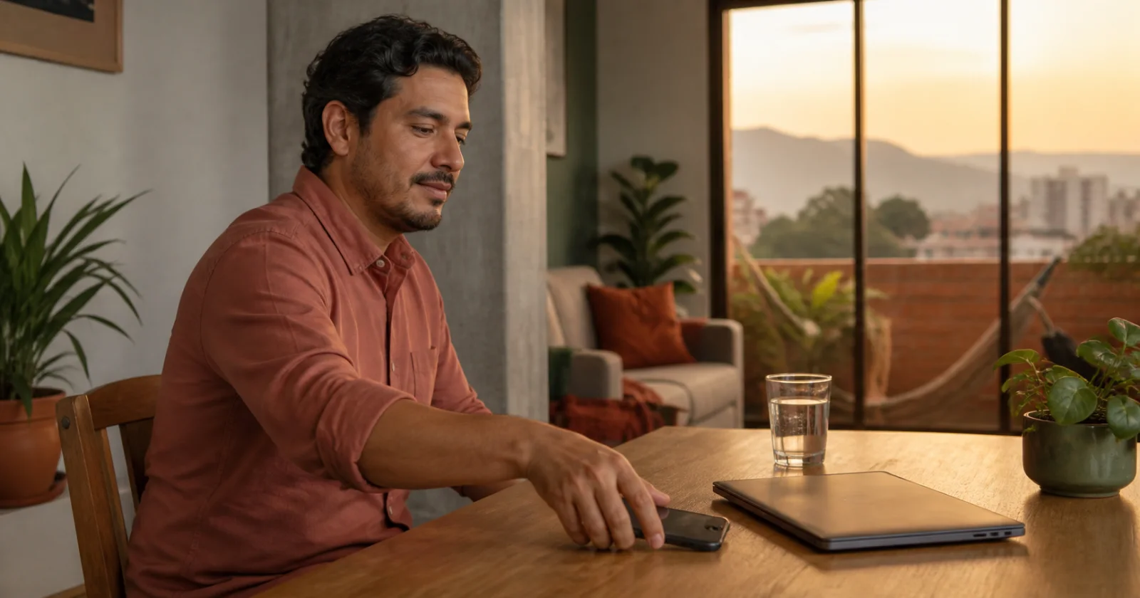 Persona dejando un celular junto a un portátil cerrado en una mesa